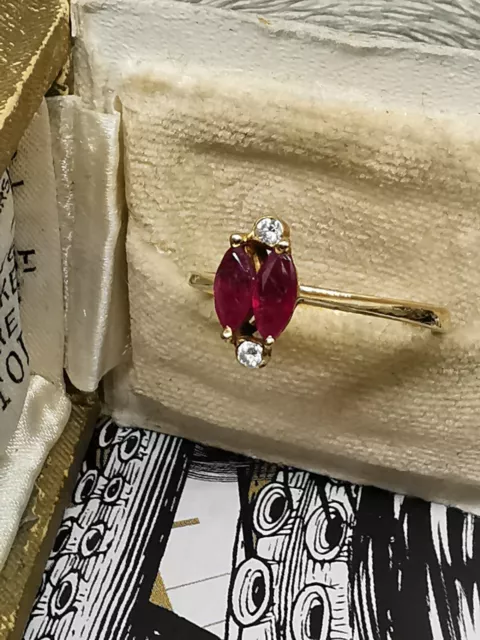 Unusual Vintage 18ct, 750 Yellow Gold Marquise Cut Ruby Diamond Ring, Size L1/2