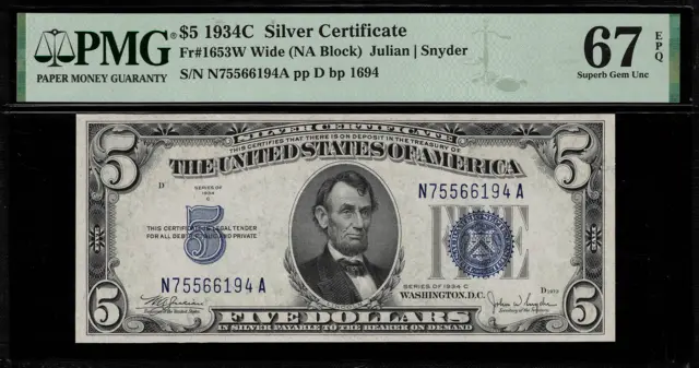 1934C $5 Silver Certificate FR-1653 Wide NA Block - Graded PMG 67 EPQ Superb Gem