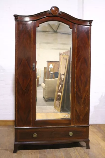 Antique inlaid & carved mahogany mirror door wardrobe - nice quality