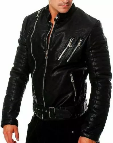 New Black Leather Jacket Men Biker Moto Pure Lambskin Slim Size S M L XL XXL