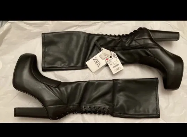 ZARA STUDIO BLACK Leather Platform High Heel Boots, Size 6-BNIB, RP £ ...