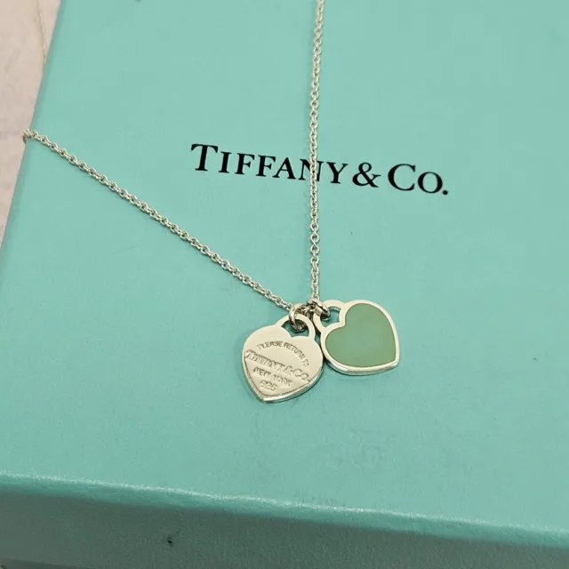 Tiffany & Co Return to Double Mini Green Heart Silver 925 16" Necklace Xmas Gift