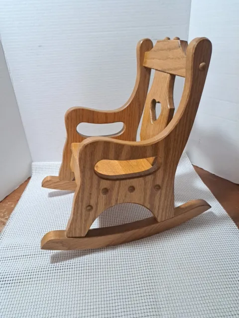 Solid Oak Wood Child Doll Rocking Chair Heart Cut Out Quality Rocker 2