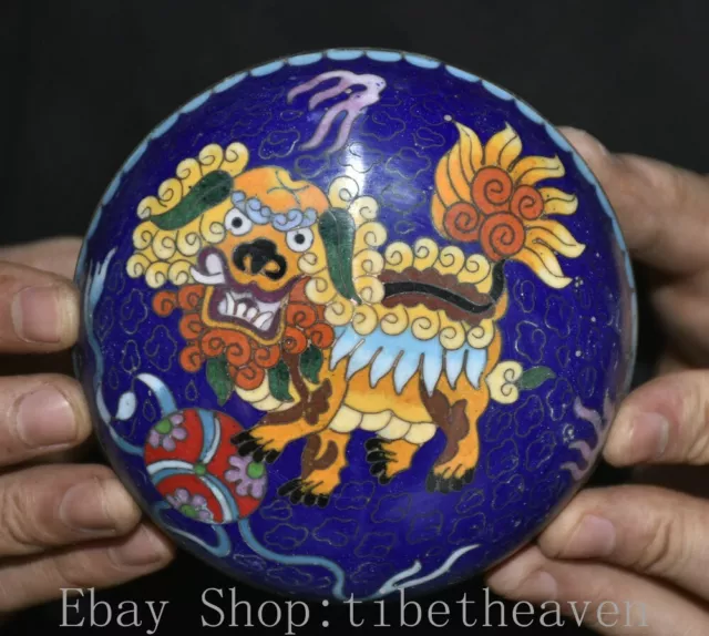 4” Old Chinese Blue Cloisonne Copper Palace Foo Dog Lion Flower Jewelry Box