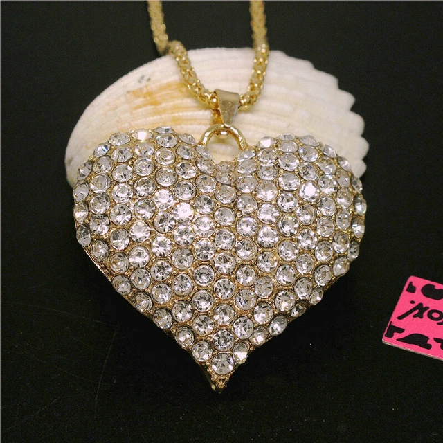 New Rhinestone Bling Shiny Heart Crystal Pendant Betsey Johnson Chain Necklace