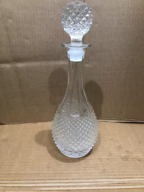 Vintage Clear Lead Crystal, Cut Glass, Round Decanter & Stopper. Pineapple Cut.