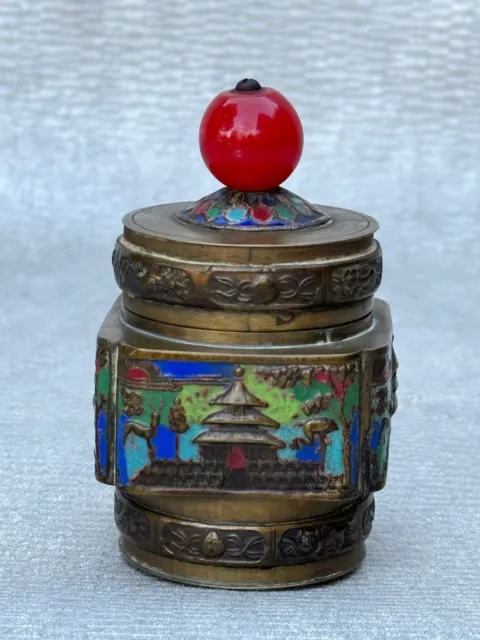 Old Cherry Top Asian Chinese Brass Snuff Box Enamel Painting Temple Architecture