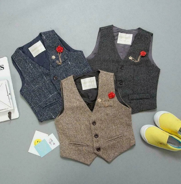 Kids Boys Suit Vest Prom Tweed Wedding Party Baby Formal Waistcoat Tuxedo Top UK