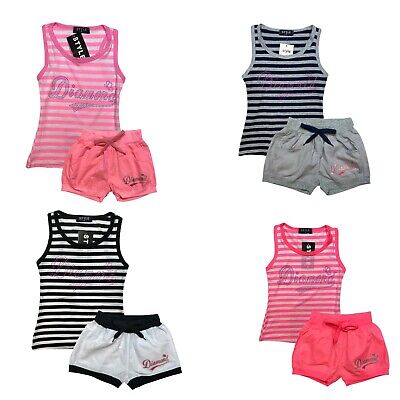 Girls Vest Top And Shorts Outfit Kids Summer Set Blue Pink 2 Piece Diamante