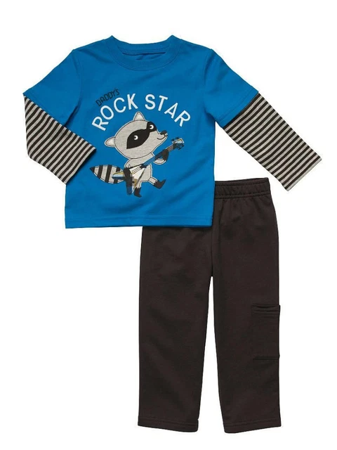 Carter Infant Boy 2 Piece Outfit Mock Layered Racoon Blue Baby T-Shirt Pants