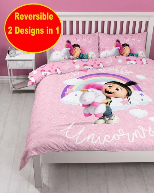 Despicable Me Minions Girls Double Duvet Quilt Cover Set Pink Unicorn Bedroom