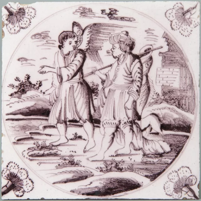 Nice Dutch Delft manganese biblical tile, Genesis 32,27-31, 18th. century.