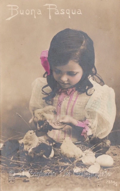 1908 Buona Pasqua foto cartolina augurale pulcini bambina