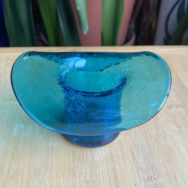 BLENKO Art Glass Hand Blown Teal Blue Crackle Glass Small Vase Mini Top Hat CM1