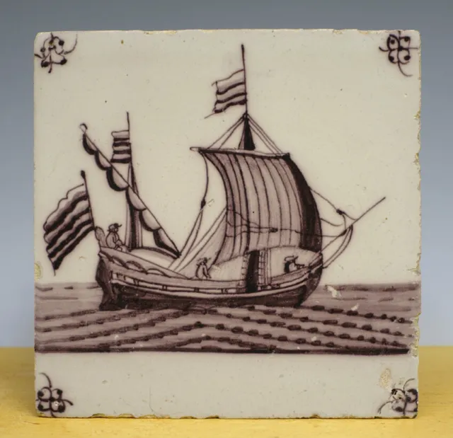 Antique Unusal Dutch Delft Tile Sailing-Ship & Crue Manganese Circa 1700-1725