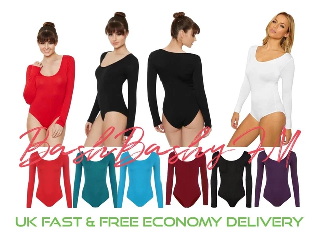 Body Donna Donna Collo Scoop Maniche Lunghe Leotard Collo Rotondo Stretch Top 8-14