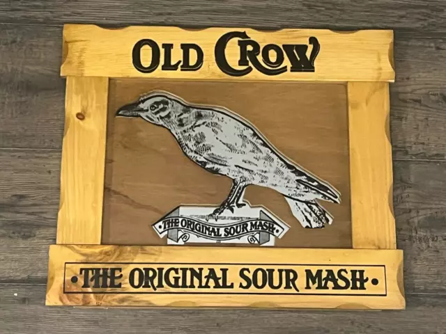 Vintage Old Crow Whiskey Orig Sour Mash Wooden/Mirror 20" x 17" advertising sign