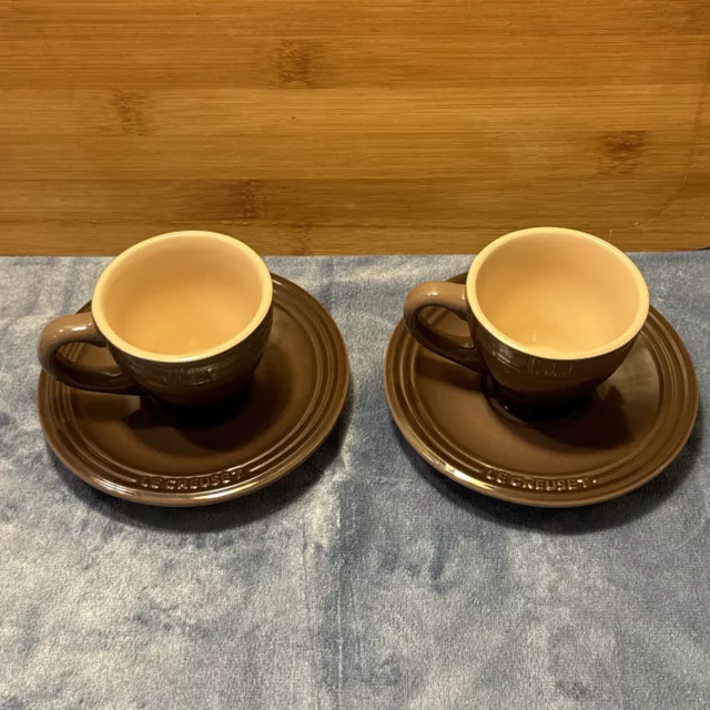 Set of 2 Le Creuset Cafe Collection Espresso Cups 2 oz. w/Saucers Brown EUC