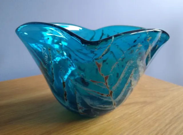 Vintage Mdina Maltese Art Glass Bowl Dish Turquoise Blue Sea & Sand Signed