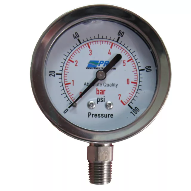 New PRM 0-100 PSI Pressure Gauge 2.5” SS Case 1⁄4” SS NPT Bottom