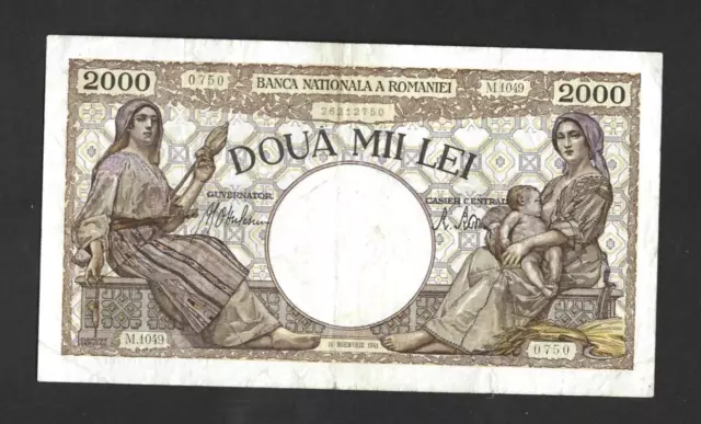 2000  Lei  Very Fine   Banknote From  Romania 1941  Pick-54