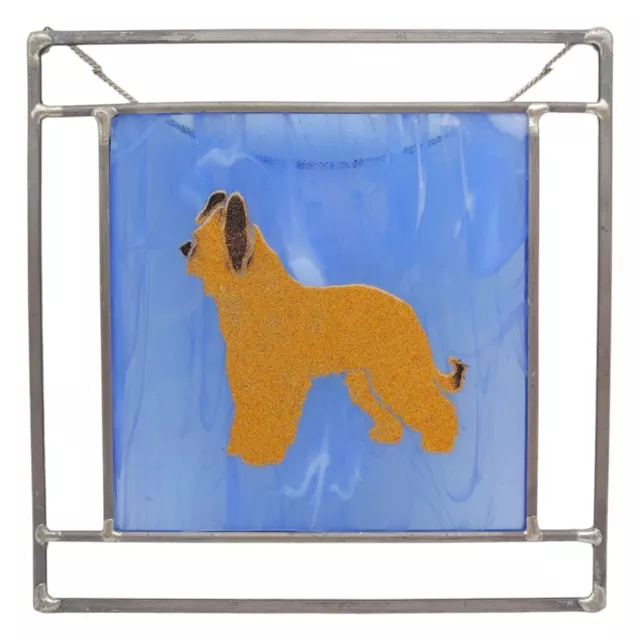 Shaggy Dog Fused Glass Suncatcher Panel - 8" Square Blue Brown Briard Shepherd
