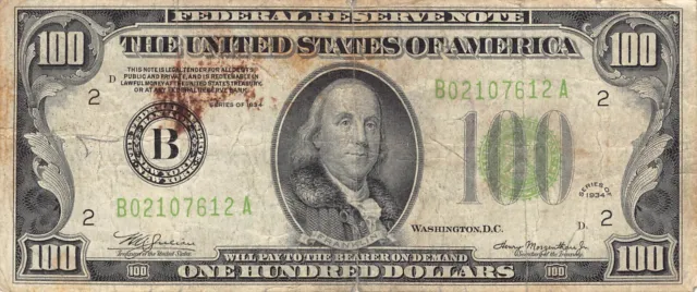 1934 New York $100 One Hundred Dollar Federal Reserve Note Green Seal (PM100)