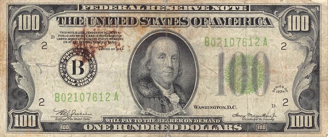 1934 New York $100 One Hundred Dollar Federal Reserve Note Green Seal (PM100)