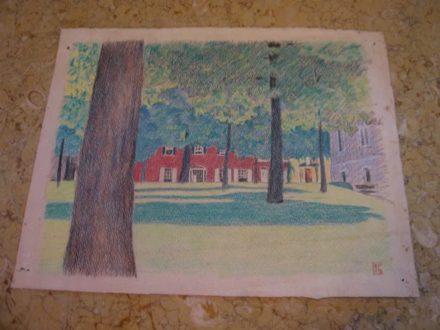 Vtg Antique Early 20th Cent. E A Trego Charcoal Drawing of Trees & Building