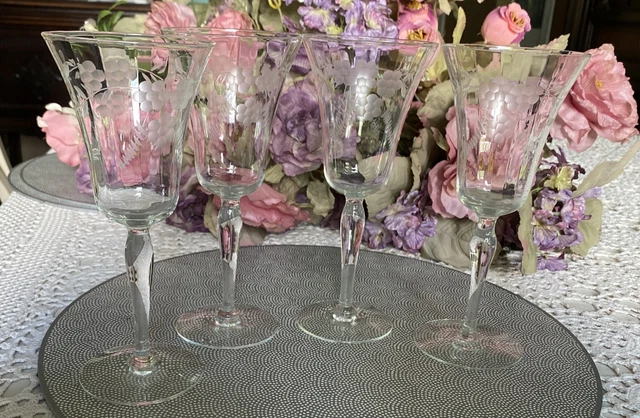 Vintage Floral Panel Etched Crystal Glass Wine Cocktail Champagne StemWare Set 4 Vintage Floral Panel Etched Crystal Glass Wine Cocktail Champagne StemWare Set 4