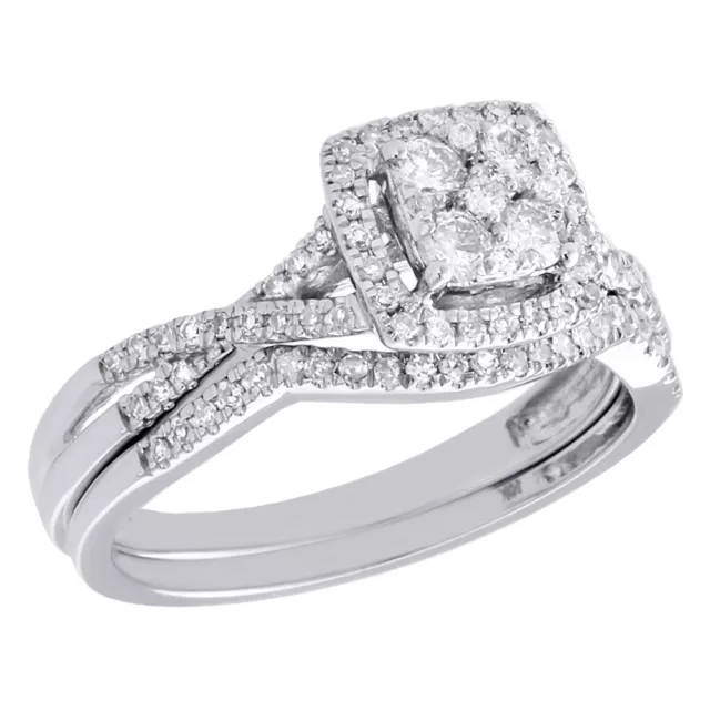 10K White Gold Diamond Bridal Set Square Engagement Ring + Wedding Band 0.50 CT.