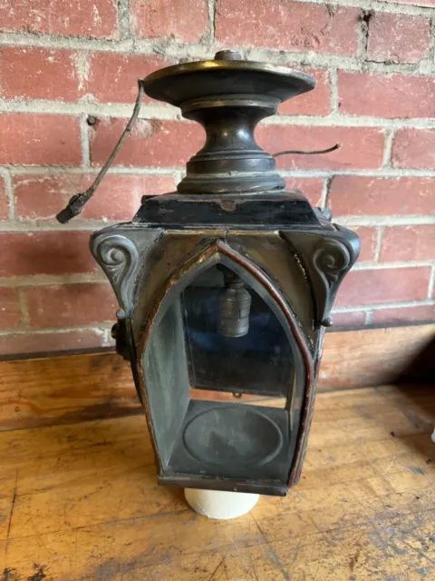 Large Antique Carriage Lantern Beveled Glass Converted Hanging Gas Light 1840s