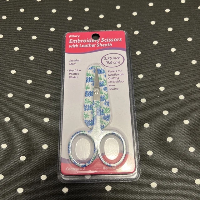 Tijeras Bordadas Allary Con Funda De Cuero - Diseño Floral Azul - Nuevas En Paquete