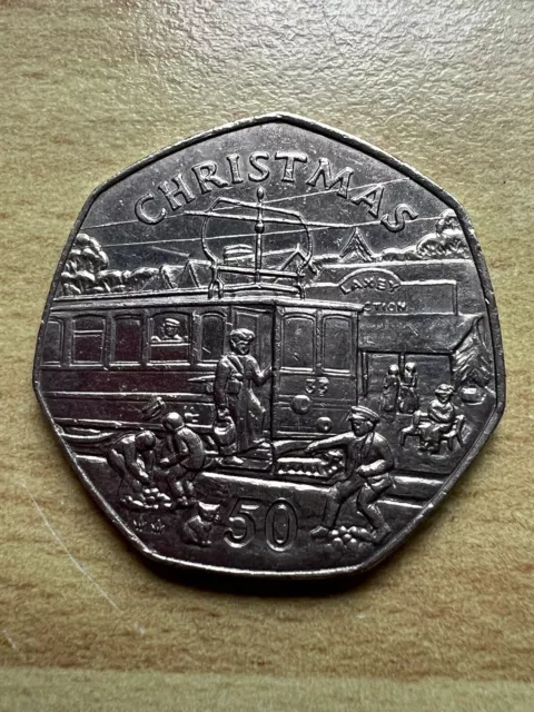 Isle of Man Christmas 50p ✨1989 Laxey Tram Station Snowball Fight ✨ Circulated