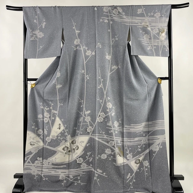 Japanese Kimono Silk Houmongi Vintage Gold Leaf Plum Branch Haze Blur Gray 67"