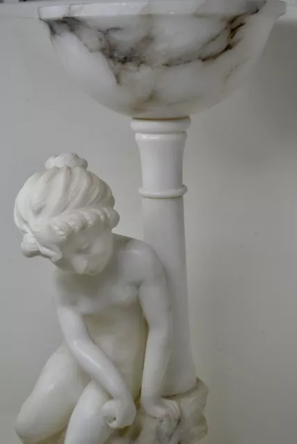 Antique Carved Alabaster Young Girl & Bear Statue Lamp