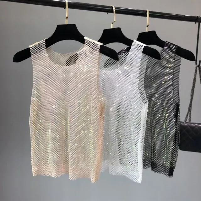 Women Crystal Mesh Vest Camisole Tank Top Glitter Shiny Hollow Out Waistcoat