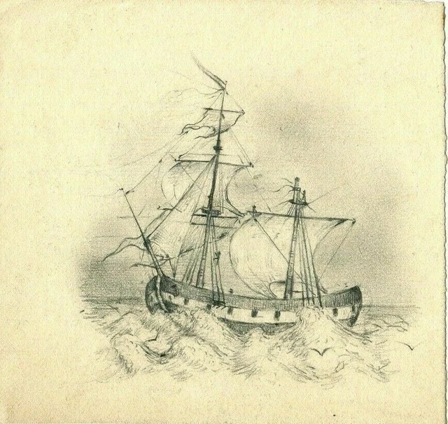 Dessin Ancien Original – Littoral à Herne Bay Kent – Crayon Sur Papier – XIXe Siècle (1885)