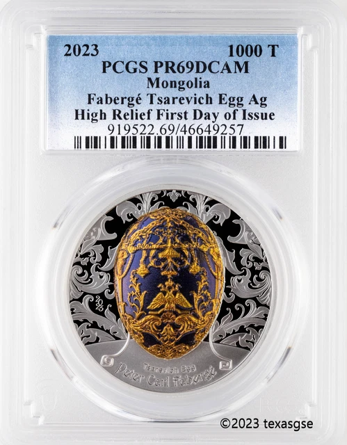 2023 Mongolia 2 oz Silver Peter Carl Faberge - Tsarevich Egg FDI - PR69 DCAM 2023 Mongolia 2 oz Silver Peter Carl Faberge - Tsarevich Egg FDI - PR69 DCAM