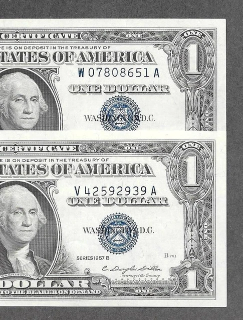 1957 B - ( 2 ) $1 AU+ * Miscut + Shift Error * Silver Certificate Notes
