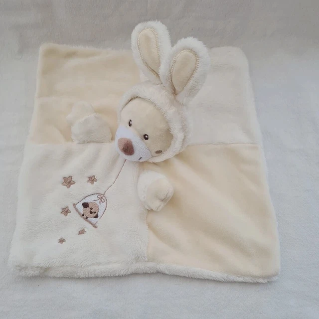 Doudou ours déguisé Lapin -carré plat blanc - écru-cage oiseau- Nicotoy