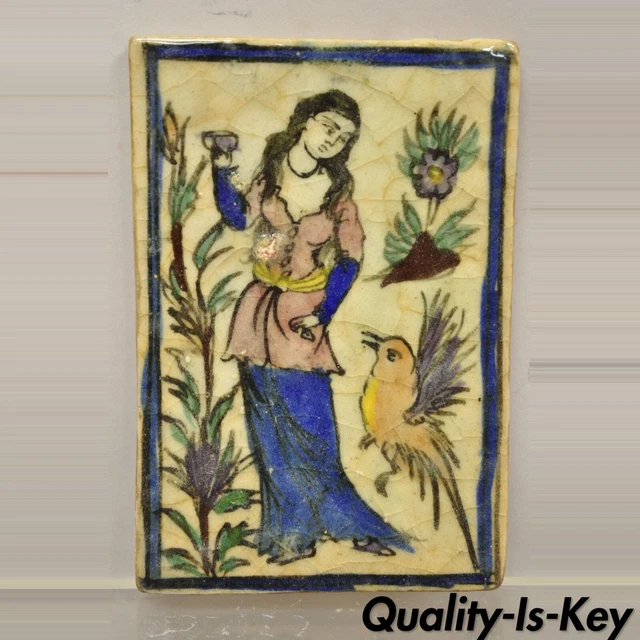 Antique Persian Iznik Qajar Style Ceramic Pottery Tile Woman and Bird C5