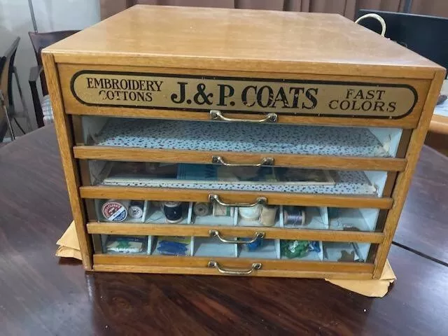 Vintage J & P COATS OAK SPOOL CABINET  NICE ONE!
