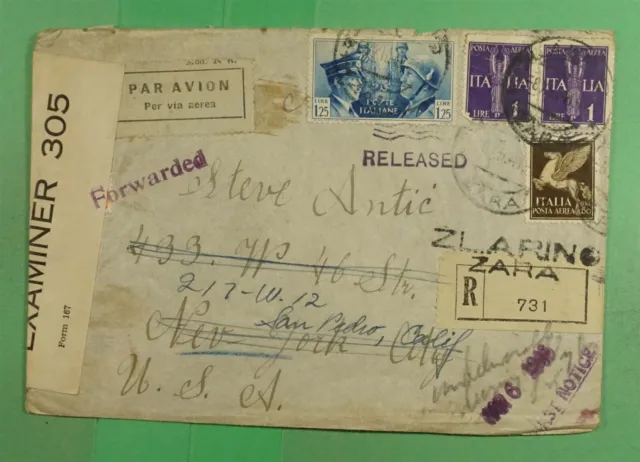 DR WHO 1941 ITALY WWII CENSORED REGISTERED ZARA AIRMAIL TO USA FORWARD j48276
