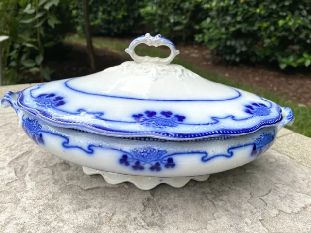 Antique FLOW BLUE Grindley Covered Casserole Dish, Lorne Pattern, Circa 1900