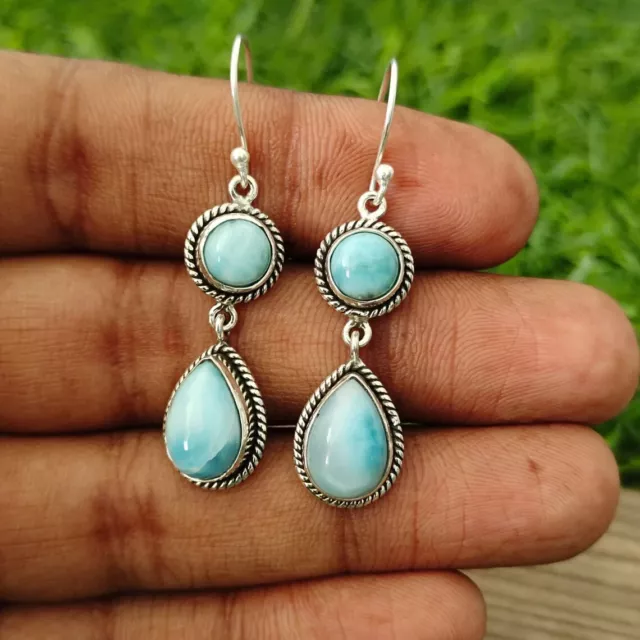 Fine Caribbean Larimar Gemstone 925 Sterling Silver Handmade Earring S-37