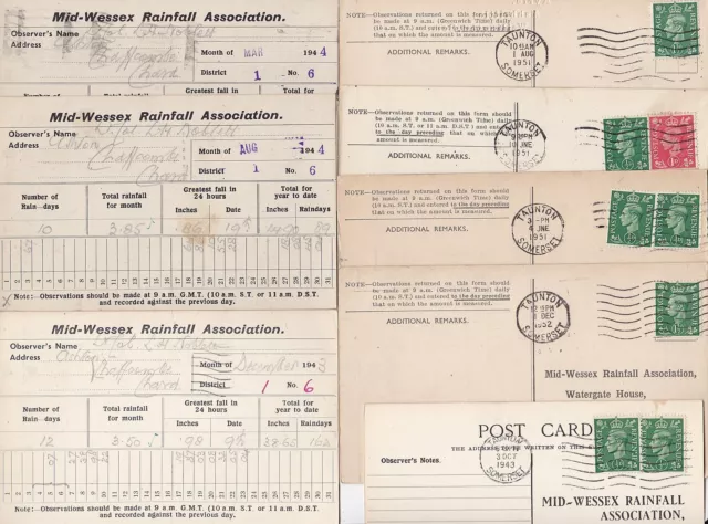 1942/52 10 x TAUNTON TO BRIDGWATER MID WESSEX RAINFALL ASSOCIATION POSTCARDS