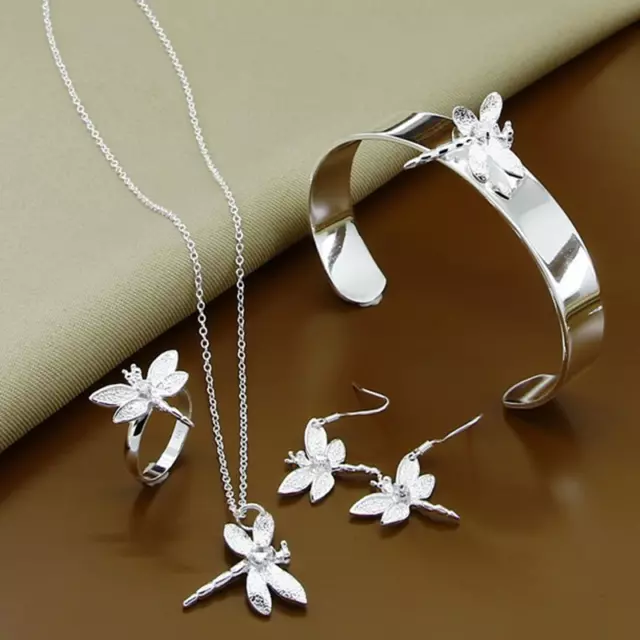 925 Silver Insect Dragonfly Necklace Bangle Earrings Rings Sets Women Jewelry