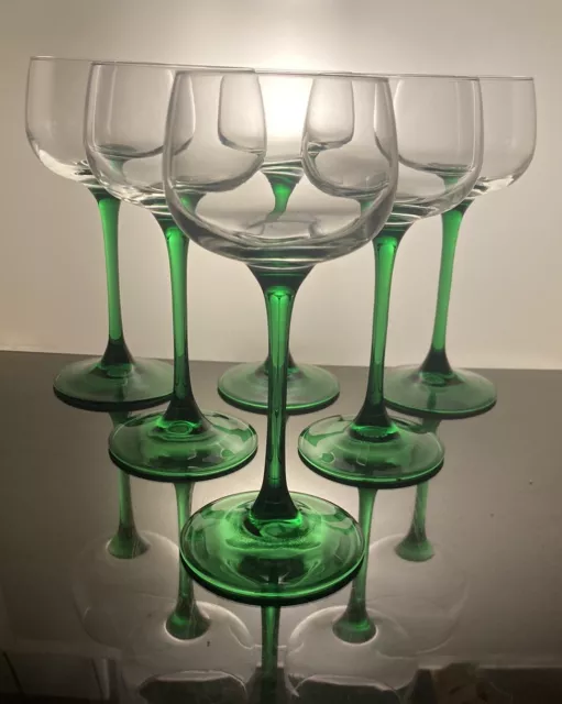 6x Luminarc Rhine Wine Glasses Emerald Green Stem 1970s Retro France (160ml)