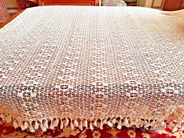 Dessus De Lit Ancien En Coton Crocheté - 220x190 Cm - Filet écru - France